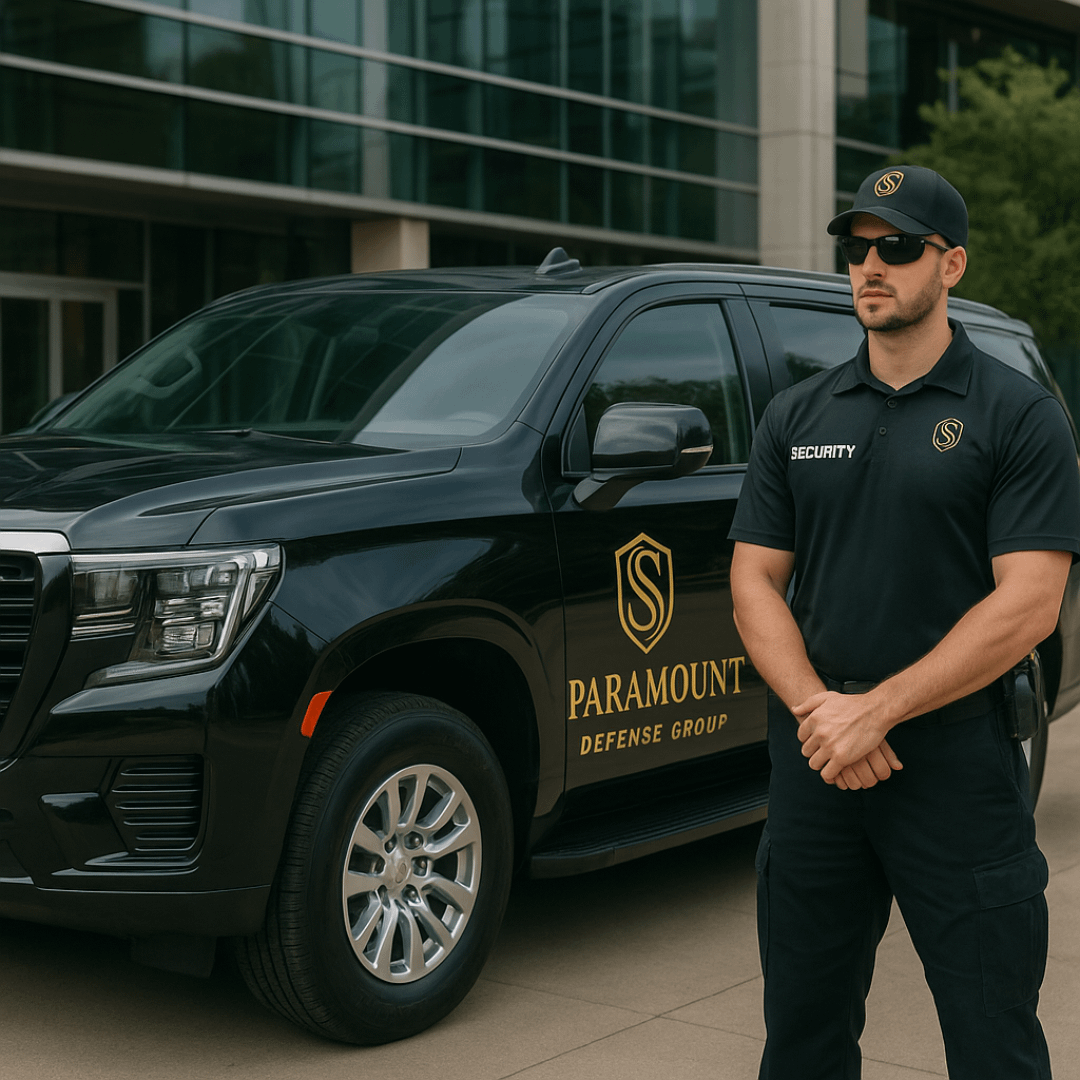 A Paramount Defense Group security officer in uniform stands beside a black SUV with the company’s gold logo, positioned in front of a modern corporate office building.