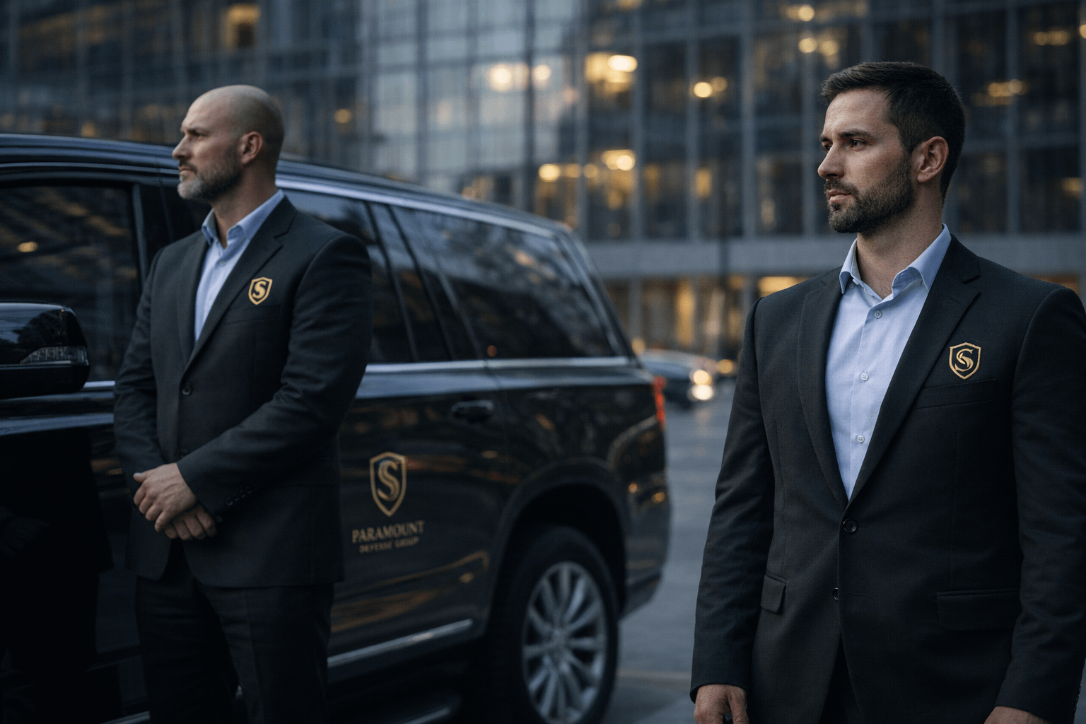 Security professionals arriving at Toronto location in luxury vehicle