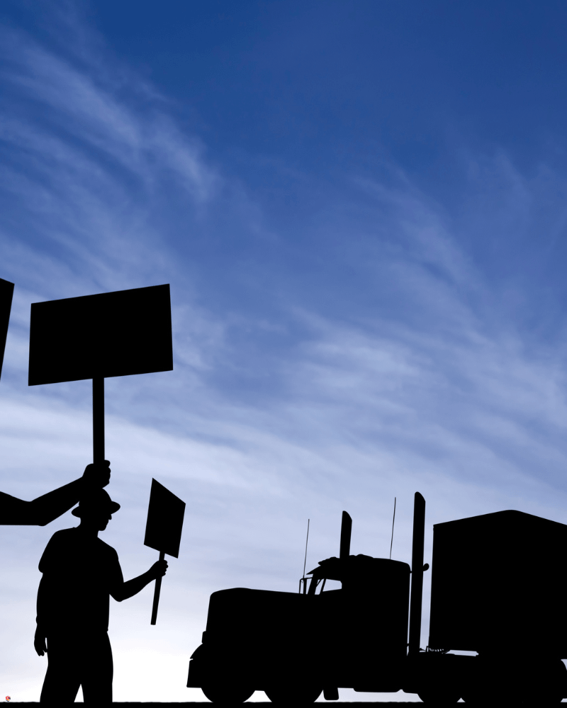 A silhouette of a person holding protest signs against a backdrop of a clear blue sky with wispy clouds, standing in front of a large truck, also in silhouette.